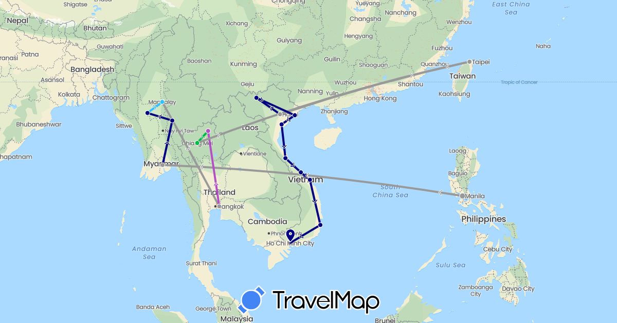 TravelMap itinerary: driving, bus, plane, train, boat in Myanmar (Burma), Philippines, Thailand, Taiwan, Vietnam (Asia)